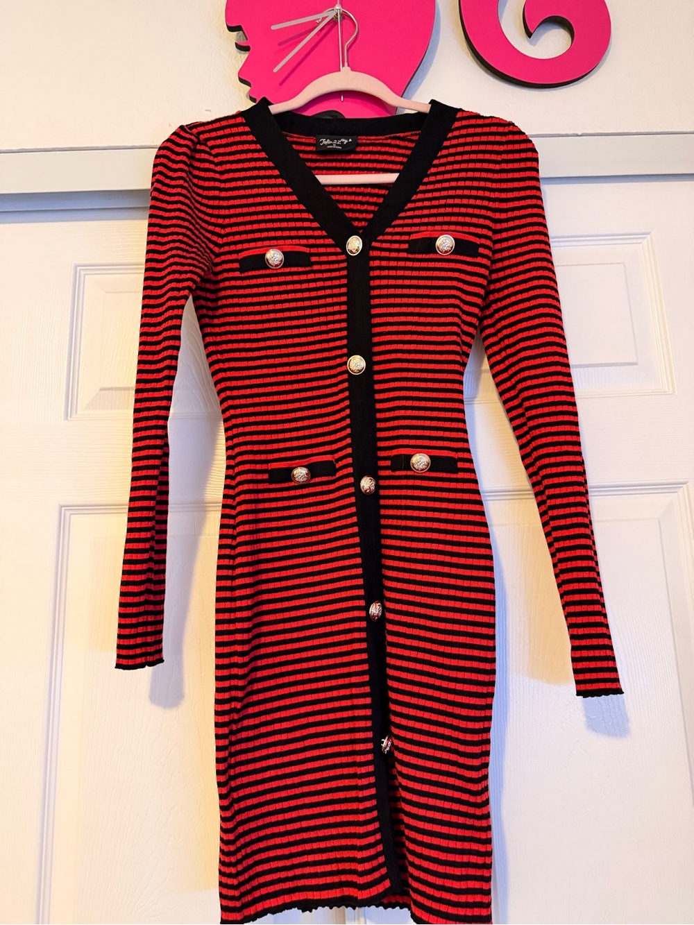 Women’s Red and Black Striped Button-Front Dress